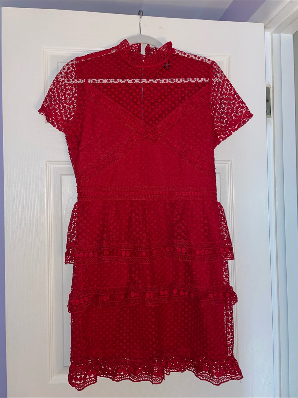 Aqua Red Lace Tiered Mini Dress